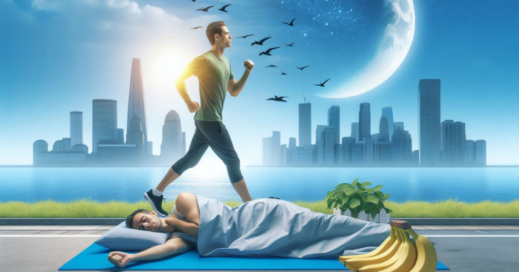 A surreal image depicting the concept of sleep, with a man walking during the day under the sun while another version of him sleeps at night under a blanket. The city skyline in the background is split between day and night, with bananas placed next to the sleeping man, symbolizing the connection between sleep, health, and daily routines.