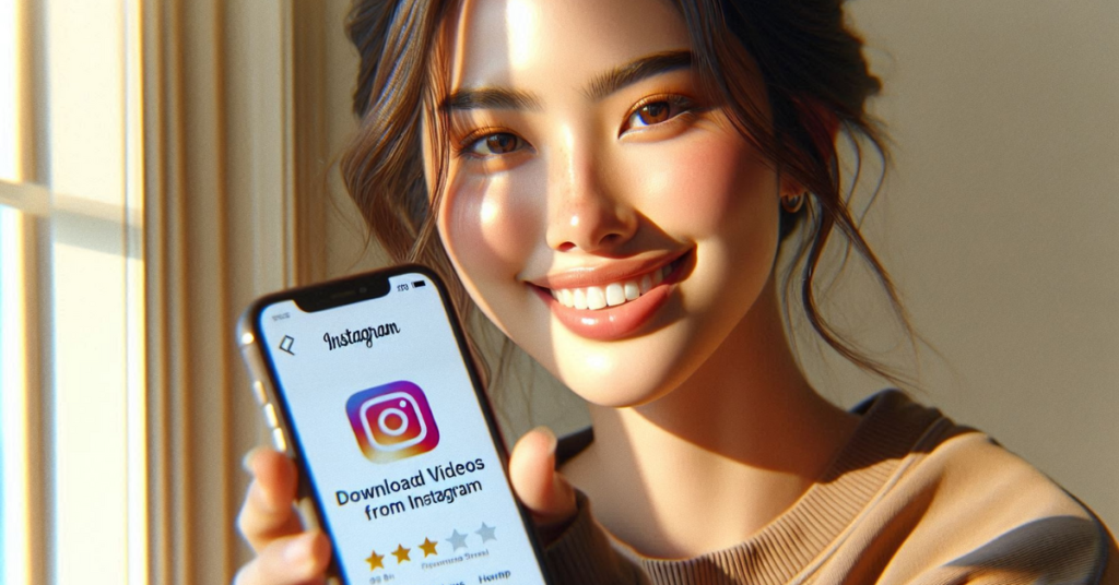 Smiling woman, an iOS user, holding an iPhone with an Instagram screen displaying the option to 'Download Videos from Instagram,' highlighting a guide or tutorial on saving Instagram Videos.