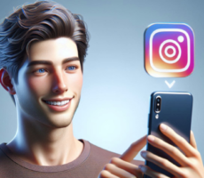 Smiling man holding a smartphone with the Instagram logo appearing above it, indicating downloading videos from the platform.