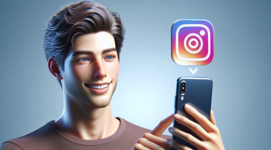 Smiling man holding a smartphone with the Instagram logo appearing above it, indicating downloading videos from the platform.