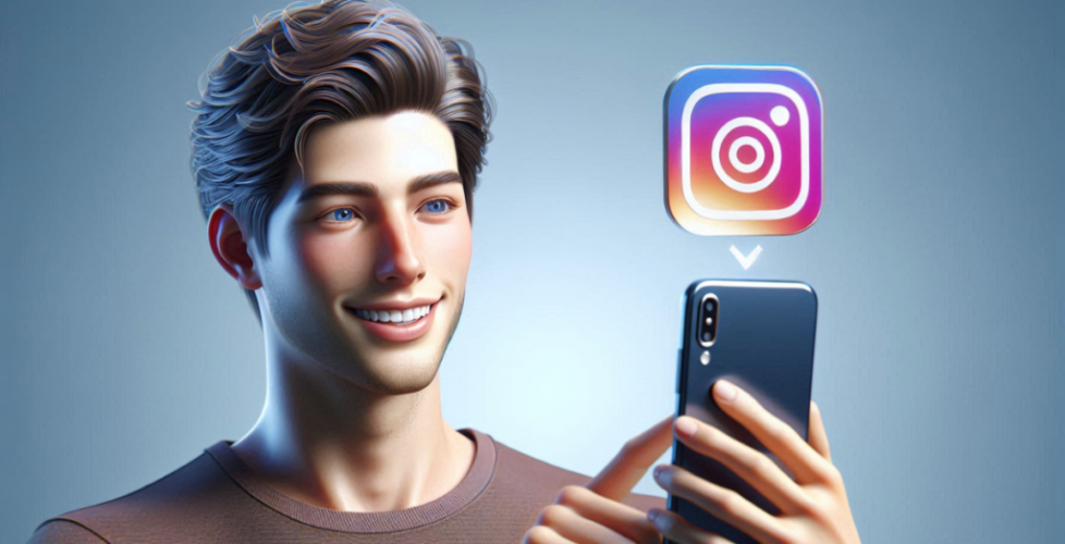 Smiling man holding a smartphone with the Instagram logo appearing above it, indicating downloading videos from the platform.