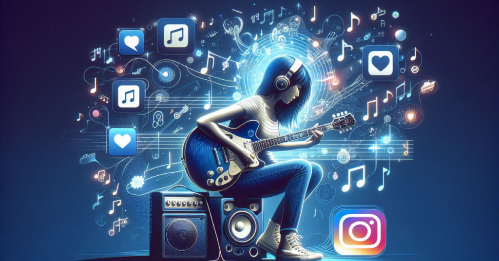 A futuristic digital artwork depicting a woman with blue hair playing an electric guitar, surrounded by music notes, sound waves, and social media icons, representing the integration of music into Instagram's future.