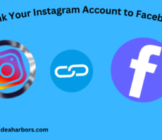 A graphic showing a step-by-step guide titled “How to Link Your Instagram Account to Facebook Easily,” featuring the Instagram logo, a link symbol, and the Facebook logo against a blue background.