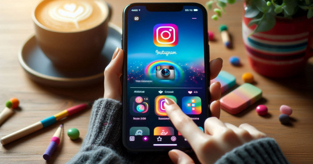 A person using a smartphone to post videos on Instagram, with the Instagram app interface open on the screen. The background includes a cup of coffee and colorful desk items, creating a cozy workspace.