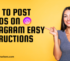 Smiling woman in a gray t-shirt pointing to her right on a yellow background, promoting a guide on how to post videos on Instagram.