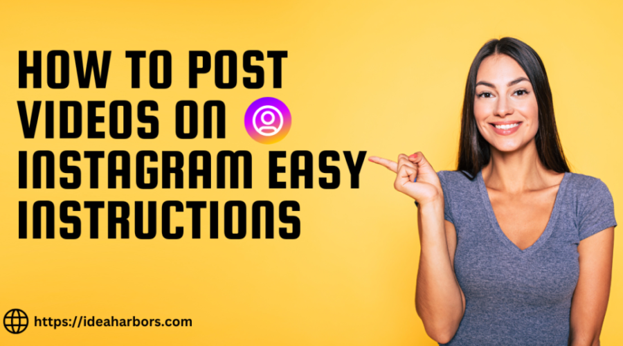 Smiling woman in a gray t-shirt pointing to her right on a yellow background, promoting a guide on how to post videos on Instagram.