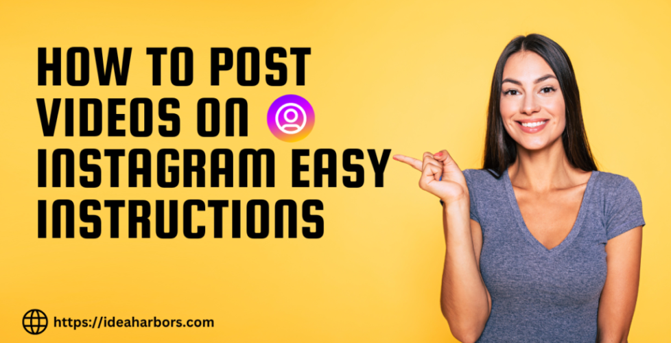 Smiling woman in a gray t-shirt pointing to her right on a yellow background, promoting a guide on how to post videos on Instagram.