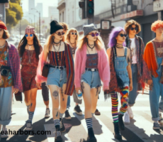 A group of eight individuals walking side by side on a sunlit street, showcasing diverse and colorful street fashion styles.