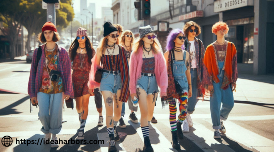 A group of eight individuals walking side by side on a sunlit street, showcasing diverse and colorful street fashion styles.