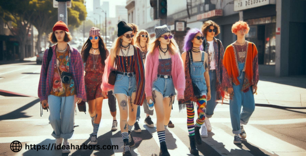 A group of eight individuals walking side by side on a sunlit street, showcasing diverse and colorful street fashion styles.