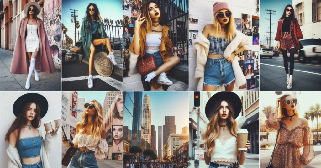 A collage of ten images showcasing diverse street fashion styles in Los Angeles. Individuals pose on city streets in outfits ranging from casual to bohemian, with accessories like sunglasses and hats. The backdrop includes palm trees and urban architecture, highlighting LA’s vibrant atmosphere.